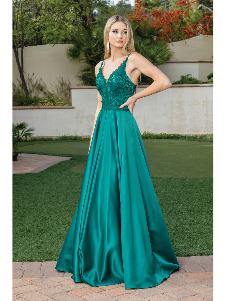 DQ 4260 - Satin A-Line Prom Gown with Lace Embellished V-Neck Bodice Open  Lace Up Corset Back & Pockets