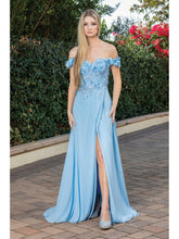 DQ 4268 - Off The Shoulders Flowy Chiffon A-Line Prom Gown with 3D Floral V-Neck Bodice Lace Up Corset Back & Leg Slit PROM GOWN Dancing Queen XS BAHAMA BLUE 