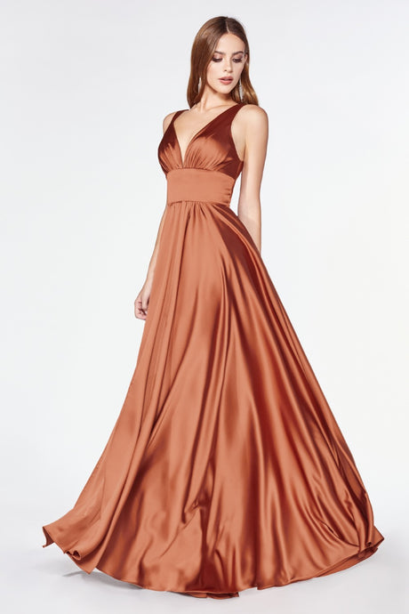 CD 7469 P - A-Line Satin Prom Gown with Pleated V-Neck Bodice Spaghetti Straps & Leg Slit Prom Dress Cinderella Divine 16 SIENNA 