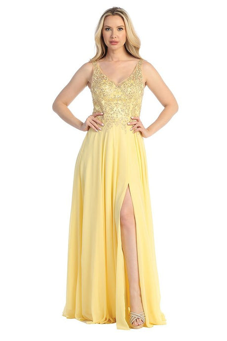 LF 7580 - Flowy Chiffon A-Line Prom Gown with Applique Bodice Sheer Open Back & Leg Slit PROM GOWN Let's Fashion L Yellow 