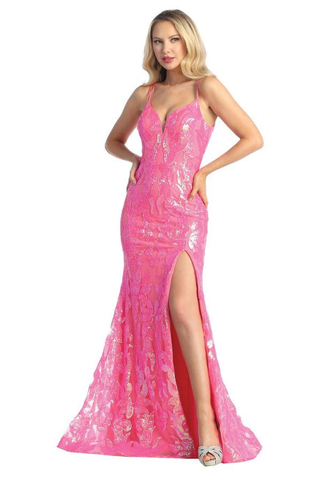 LF 7825 - Sequin Print Fit & Flare Prom Gown with V-Neck Leg Slit & Corset Back PROM GOWN Let's Fashion XS HOT PINK 