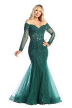 LF 7828 - Off the Shoulder Long Sleeve Mermaid Prom Gown with Sheer Boned Bodice PROM GOWN Let's Fashion XS EMERALD
