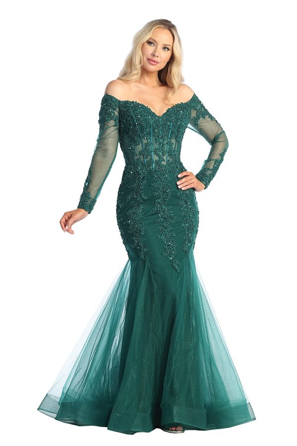 LF 7828 - Off the Shoulder Long Sleeve Mermaid Prom Gown with Sheer Boned Bodice PROM GOWN Let's Fashion XS EMERALD