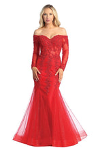 LF 7828 - Off the Shoulder Long Sleeve Mermaid Prom Gown with Sheer Boned Bodice PROM GOWN Let's Fashion XS RED