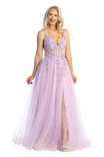 LF 7728 - Layered Tulle A-Line Prom Gown with 3D floral Embellished Sheer Boned Bodice & Leg Slit PROM GOWN Let's Fashion M LILAC 