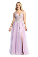 LF 7730 - Shimmer Tulle A-Line Prom Gown with 3D Floral Applique Sheer Boned Bodice & Leg Slit PROM GOWN Let's Fashion S LILAC 