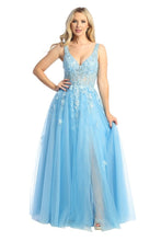 LF 7730 - Shimmer Tulle A-Line Prom Gown with 3D Floral Applique Sheer Boned Bodice & Leg Slit PROM GOWN Let's Fashion S SKY BLUE 