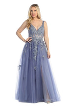 LF 7730 - Shimmer Tulle A-Line Prom Gown with 3D Floral Applique Sheer Boned Bodice & Leg Slit PROM GOWN Let's Fashion S SLATE BLUE 