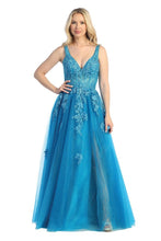 LF 7730 - Shimmer Tulle A-Line Prom Gown with 3D Floral Applique Sheer Boned Bodice & Leg Slit PROM GOWN Let's Fashion XS TEAL 