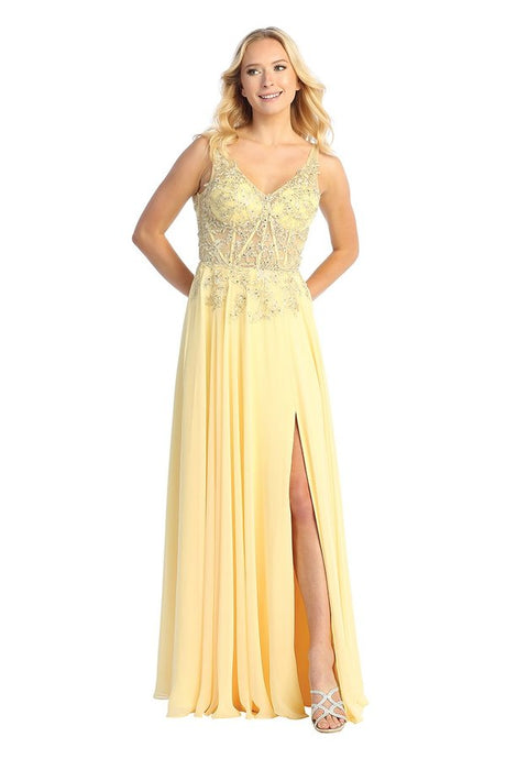 LF 7740 - Flowy Chiffon A-Line Prom Gown with Sheer Beaded Lace Embellished Boned Bodice & Leg Slit PROM GOWN Let's Fashion S YELLOW 