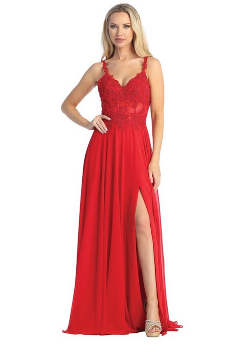 LF 7655 - A-Line Prom Gown with Lace Embellished Sheer Corset Bodice Lace Up Corset Back & Leg Slit Prom Dress Let's Fashion S RED 