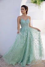 E 9908 - Glitter Patterned A-Line Prom Gown with Sheer Sequin Embellished Boned Bodice PROM GOWN Eureka XS SAGE 