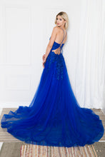AC BZ014 - Beaded Lace Embellished A-Line Prom Gown with Strappy Open Lace Up Corset Back & Leg Slit PROM GOWN Amelia Couture 6 ROYAL BLUE 