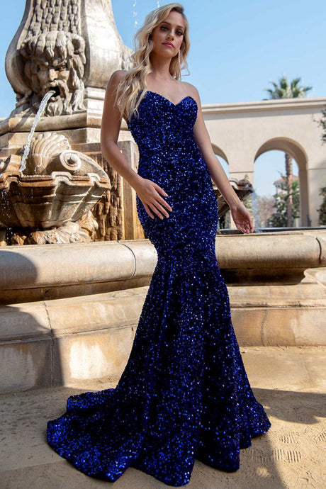 AC 392 - Strapless Full Sequin Fit & Flare Prom Gown with Sweetheart Neck & Lace Up Corset Back PROM GOWN Amelia Couture   