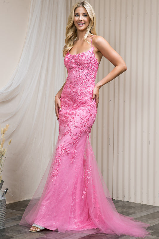 AC 799 - Floral Lace Applique Over Tulle Fit & Flare Prom Gown