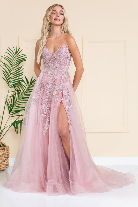 AC BZ014 - Beaded Lace Embellished A-Line Prom Gown with Strappy Open Lace Up Corset Back & Leg Slit PROM GOWN Amelia Couture 2 ROSE 