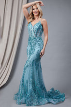 AC BZ015 - Glitter Print Fit & Flare Prom Gown with Sheer Boned Corset Bodice & Lace Up Corset Back PROM GOWN Amelia Couture 2 AQUA 
