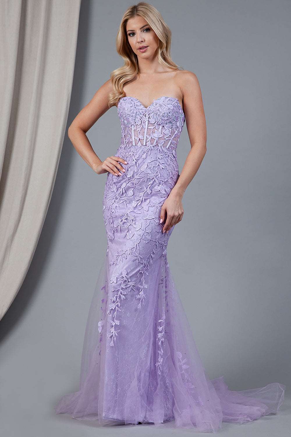 AC 7024 - Strapless Embroidered Fit & Flare Prom Gown with Sheer Boned Bodice & Lace Up Corset Back PROM GOWN Amelia Couture 0 LILAC 