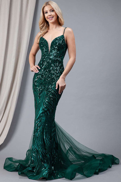 AC 7021 - Sequin Embellished Fit & Flare Prom Gown with Open Lace Up Corset Back PROM GOWN Amelia Couture   