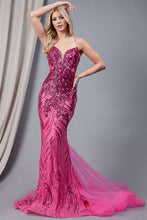 AC 7021 - Sequin Embellished Fit & Flare Prom Gown with Open Lace Up Corset Back PROM GOWN Amelia Couture 0 HOT PINK 