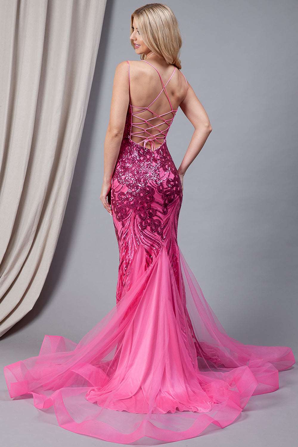 AC 7021 - Sequin Embellished Fit & Flare Prom Gown with Open Lace