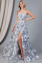 AC 21052 - Organza A-Line Prom Gown with Sheer Bodice Leg Slit & Open Lace Up Corset Back PROM GOWN Amelia Couture   