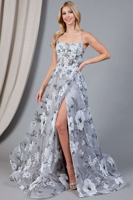 AC 799 - Floral Lace Applique Over Tulle Fit & Flare Prom Gown with Scoop  Neck & Open Lace Up Corset Back