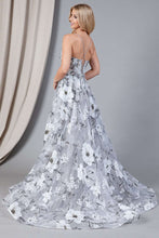 AC 2105 - Organza A-Line Prom Gown with Sheer Bodice Leg Slit & Open Lace Up Corset Back PROM GOWN Amelia Couture 2 SILVER/WHITE 