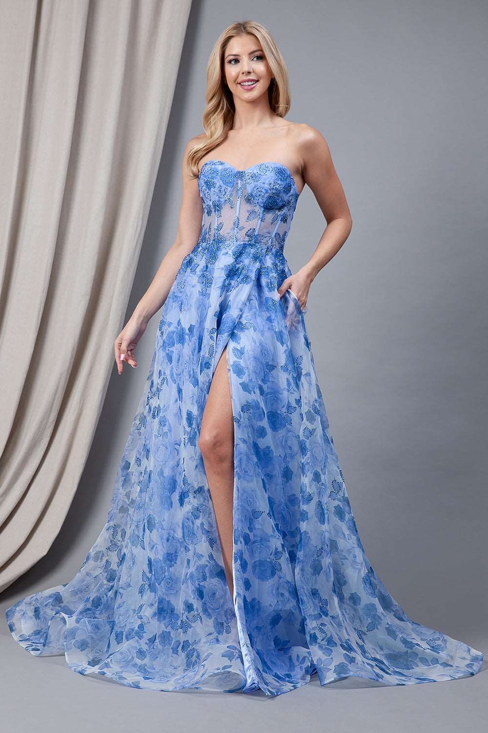 AC 2106 - Strapless A-Line Organza Print Prom Gown with Boned