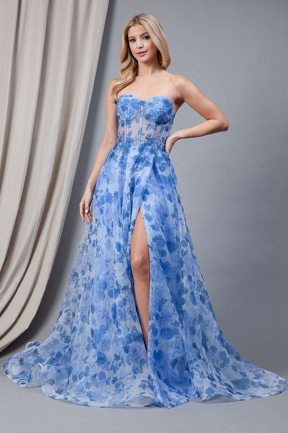 AC 2106 - Strapless A-Line Organza Print Prom Gown with Boned Corset Bodice Leg Slit & Open Corset Back Prom Dress Amelia Couture 2 BLUE 