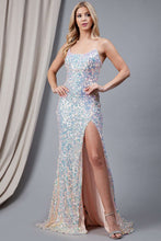 AC 5046 - Full Sequin Fit & Flare Prom Gown with Bateau Neck Leg Slit & Open Lace Up Corset Back DRESSES Amelia Couture   