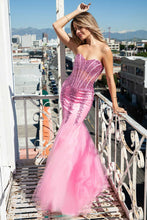 AC 774 - Strapless Fit & Flare Prom Gown with Beaded Sheer Boned Corset Bodice & Lace Up Corset Back PROM GOWN Amelia Couture   