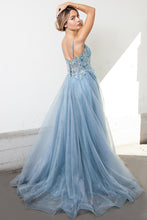 AC TM1004 - Shimmer Tulle A-Line Prom Gown with Sheer Boned Beaded 3D Applique Bodice Lace Up Corset Back & Leg Slit PROM GOWN Amelia Couture 0 DUSTY BLUE 