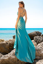 AC BZ020 - Satin Cowl Neckline A-Line Prom Gown With Sequin Lace Up Boned Bodice & Leg Slit PROM GOWN Amelia Couture   