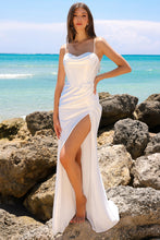 AC 20115 - Satin A-Line Prom Gown With Boned Corset Bodice & Leg Slit PROM GOWN Amelia Couture 2 WHITE 