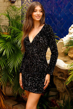 AC BZ029S - Long Sleeved All Sequin Short Homecoming Dress with V-Neck Homecoming Amelia Couture   