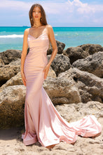 AC 3012 - Stretch Jersey Fit & Flare Prom Gown with Cowl Neckline & Open Lace Up Back PROM GOWN Diggz Formals Blush 2 