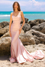 AC 3012 - Stretch Jersey Fit & Flare Prom Gown with Ruched Waist & Open Lace Up Back PROM GOWN Amelia Couture 2 BLUSH 
