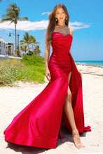 AC 3013 - Strapless Stretch Jersey Fit & Flare Prom Gown with Ruched Bodice High Leg Slit & Side Sash PROM GOWN Diggz Formals