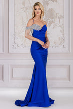 AC 3017 - Crystal Accented One Shoulder Stretch Satin Fit & Flare Prom Gown with Leg Slit PROM GOWN Amelia Couture 2 ROYAL BLUE 