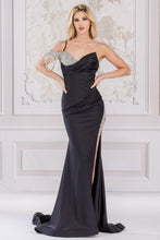 AC 3017 - Crystal Accented One Shoulder Stretch Satin Fit & Flare Prom Gown with Leg Slit PROM GOWN Amelia Couture 2 BLACK 