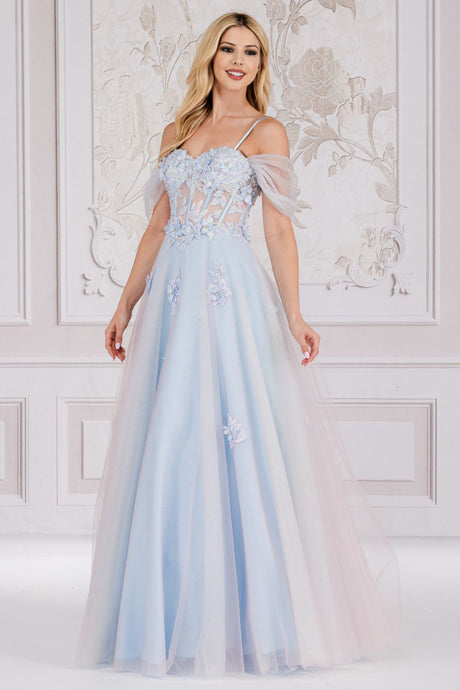 AC 7044 - Off the Shoulder 3-D Floral Embellished A-Line Prom Gown With Sheer Boned Bodice &  Lace Up Open Back PROM GOWN Amelia Couture XS BABY BLUE 