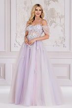 AC 7044 - Off the Shoulder 3-D Floral Embellished A-Line Prom Gown With Sheer Boned Bodice &  Lace Up Open Back PROM GOWN Amelia Couture XS LILAC 
