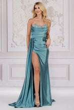 AC BZ032 - Strapless Stretch Satin Fit & Flare Prom Gown With Crystal Embellished Bodice & Leg Slit PROM GOWN Amelia Couture 2 LIGHT TEAL 