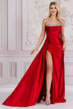 AC BZ032 - Strapless Stretch Satin Fit & Flare Prom Gown With Crystal Embellished Bodice & Leg Slit PROM GOWN Amelia Couture 2 RED 