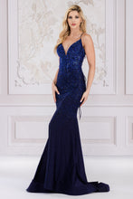 AC 3018 - Rhinestone Embellished Fit & Flare Prom Gown with V-Neck & Open Lace Up Corset Back Prom Gown Amelia Couture Navy 0 