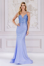 AC 3018 - Rhinestone Embellished Fit & Flare Prom Gown with V-Neck & Open Lace Up Corset Back Prom Gown Amelia Couture Periwinkle 2 