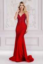 AC 3018 - Rhinestone Embellished Fit & Flare Prom Gown with V-Neck & Open Lace Up Corset Back Prom Gown Amelia Couture Red 4 