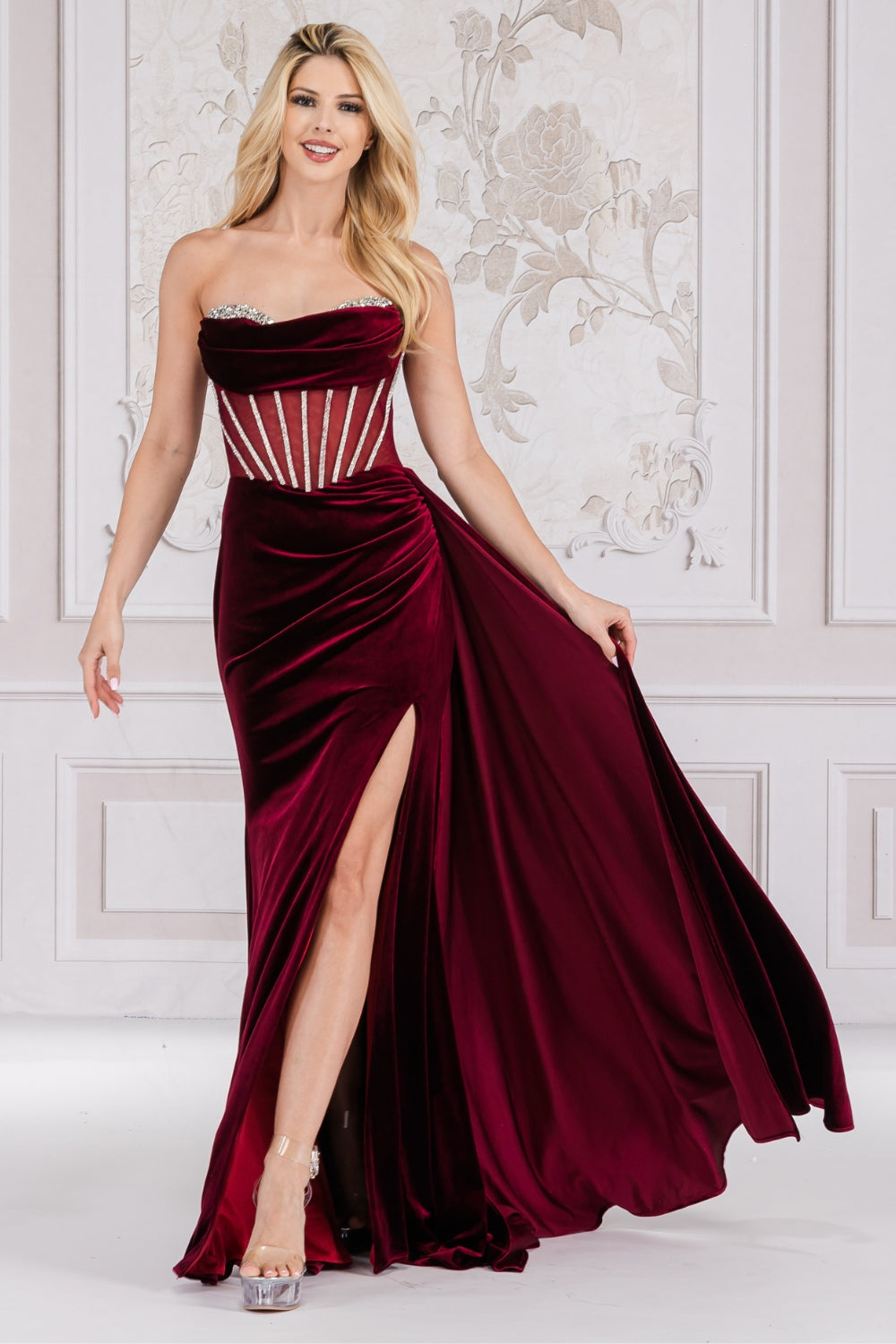 DQ 4312 - Fit & Flare Velvet One Shoulder Prom Dress with Leg Slit & L –  Diggz Formals