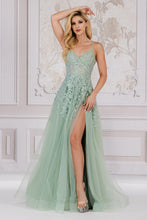 AC TM1006 - Beaded Lace Embellished A-Line Prom Gown With Lace Up Corset Back & Leg Slit PROM GOWN Amelia Couture 2 SAGE 